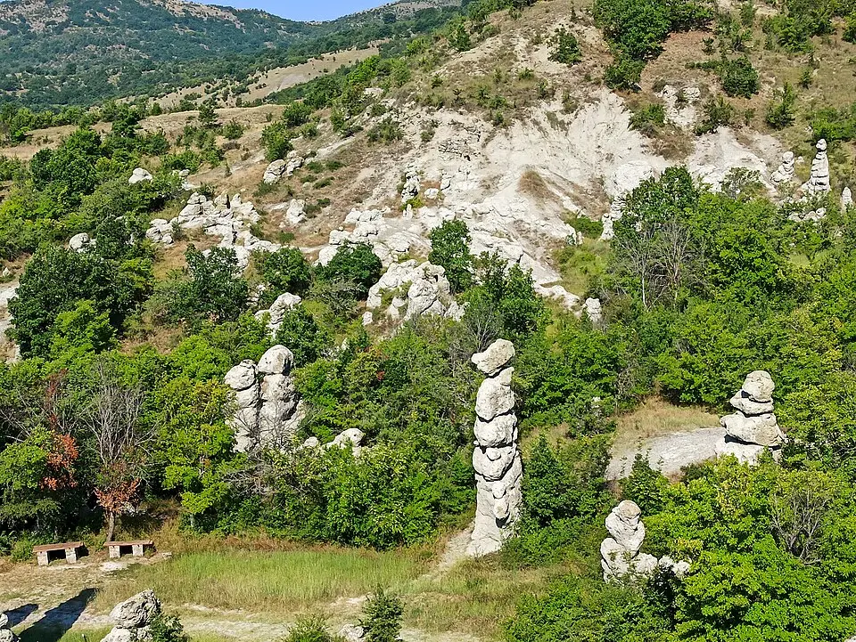 Clusters of pale stone pillars among trees at Kuklica in North Macedonia