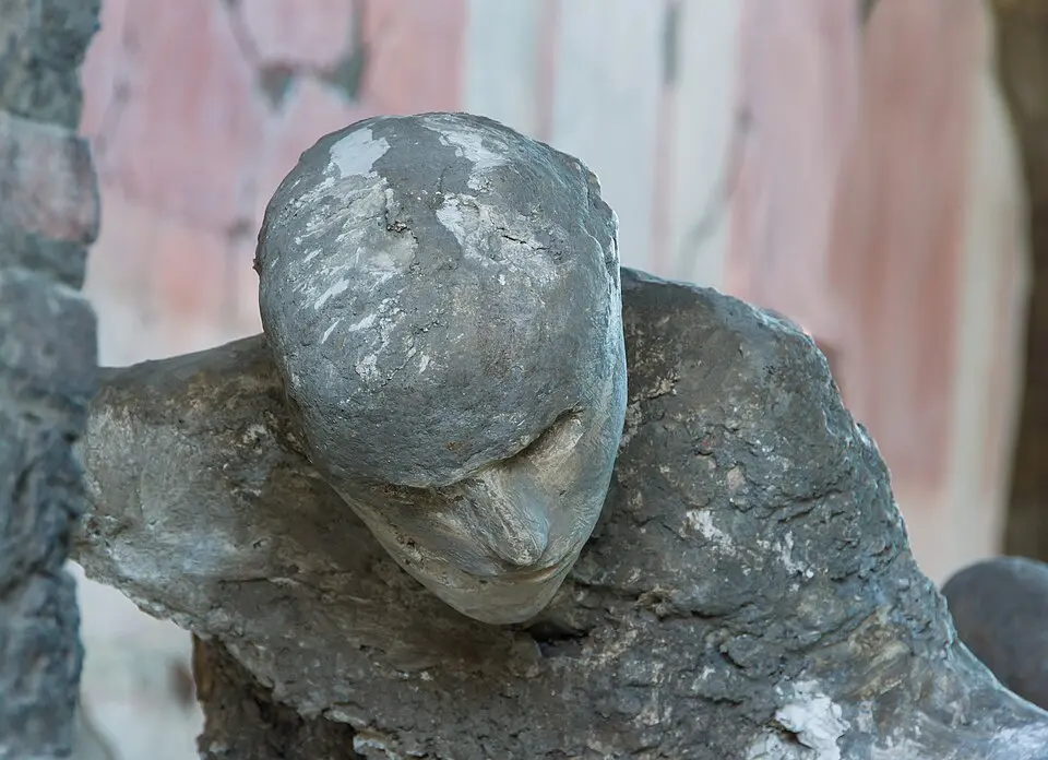 Plaster cast of a victim of the eruption of Mount Vesuvius at Pompeii